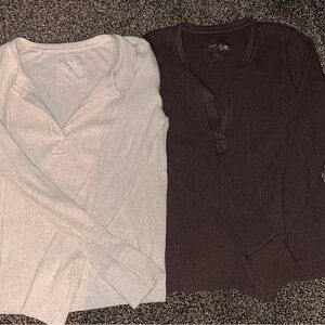 Women's Ribbed Long Sleeve Set - Cream and Brown